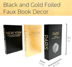 AZEZO Set of 3 Decorative Books for Home Decor – Decorative Hardcover Display Faux Books for Bookshelf and Coffee Table – Black and Gold Foiled – Paris London New York Themed - Image 2