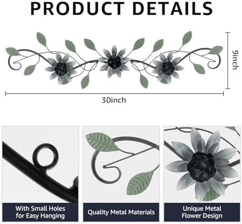 KHJCXS Metal Wall Art Modern Minimalist Metal Flowers Indoor Decor Horizontal Wall Art Iron Artwork,for Over Door,Bedroom,Living Room,Kitchen,Officel Scroll Decor(Black) - Image 2