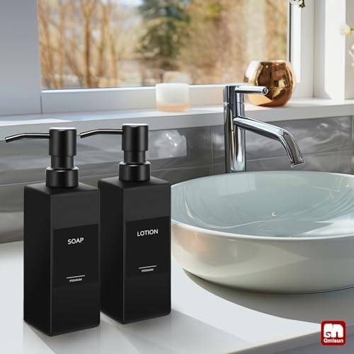 GMISUN Black Soap Dispenser Bathroom, Glass Hand Soap Dispenser with Stainless Steel Pump, 12 fl oz/350ml Refillable Dish Dispensers for Kitchen, Modern Liquid Lotion Bottles for Bathroom Countertop - Image 6