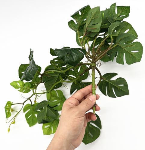 Artificial Monstera Plants, Fake Tropical Palm Small Potted Faux Hanging Greenery Mini Plants for Indoor Outdoor Home Office Garden Houseplants Pot Decor Wedding Party DIY Decoration - Green 2 Pack - Image 3