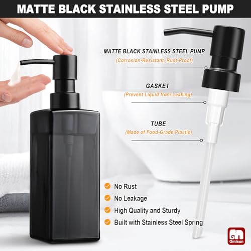 GMISUN Black Glass Soap Dispenser, Hand Soap Dispenser with Stainless Steel Pump for Bathroom, 12 fl oz/350ml Refillable Dish Dispensers for Kitchen, Modern Liquid Lotion Bottles for Countertop - Image 3