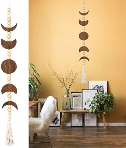 Moon Phase Wall Hanging Wood Beaded with Tassel,Phases of The Moon,Boho Home Decor for Living Room Bedroom Office(Brown) by Ausicfen