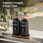 MASADI Black Soap Dispenser Set with Tray, Dish and Hand soap Lotion Dispenser Set with Wooden Pump for Kitchen and Bathroom Decor for Counter, Modern Vintage Liquid Soap Dispensers - Image 3
