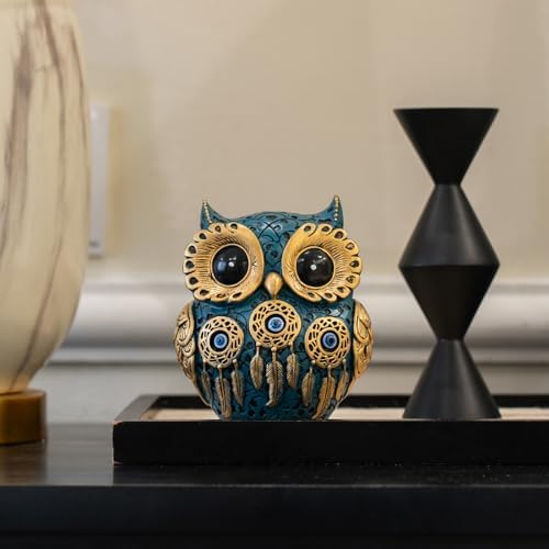 Decorative Owl Figurine, Vintage Blue and Gold Owl Statue Home Decor - Evil Eye Accent for Bookshelf, Bedroom, Living Room, Office & Table. Cute Small Animal Sculpture Gift for Birds Lovers.(Blue) - Image 7