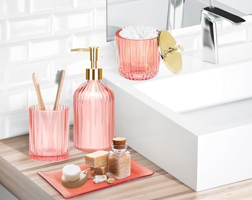 Haturi Bathroom Accessories Set, 4 Pcs Pink Glass Bathroom Accessories Sets Complete w/Lotion Soap Dispenser, Toothbrush Holder, Apothecary Jar, Vanity Tray, Bathroom Decor, Gift for Home Apartment - Image 6