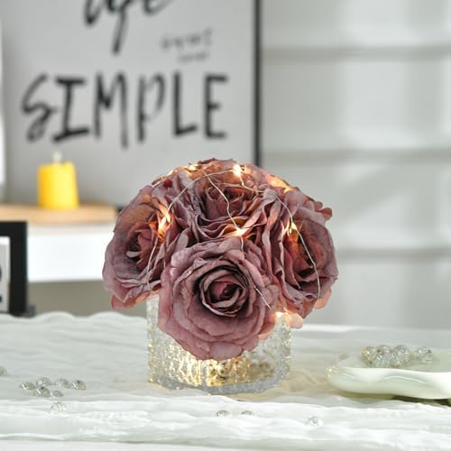 Silk Roses in Glass Vase with LED, Low Centerpiece for Table, Plum Purple - Image 5