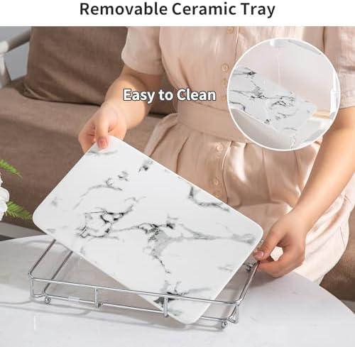 Dobbyby Vanity Tray Makeup Organizer Cosmetics Storage Bathroom Skincare Organizer Countertop Display Rack in Dresser Stainless Steel Shelf Marble Print Ceramic Trays - Image 2
