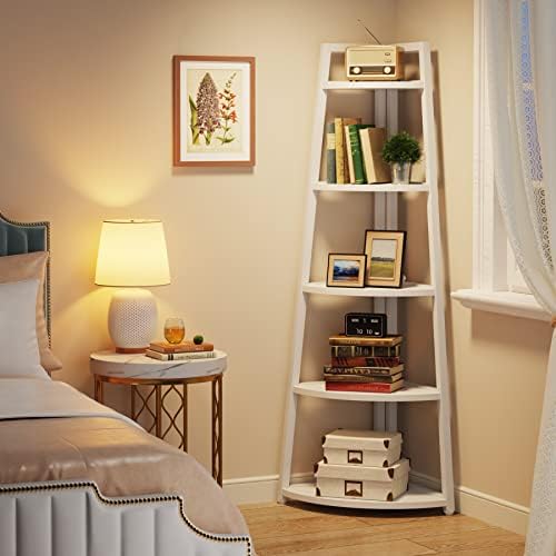 Tribesigns 70 inch Tall Corner Shelf, 5 Tier Modern Corner Bookshelf Bookcase Industrial Corner Ladder Shelf Plant Stand for Living Room, Kitchen, Home Office (White) - Image 4