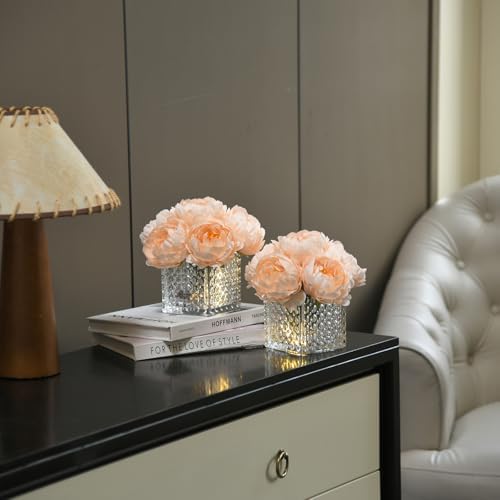 Artificial Peony Silk Flower Centerpieces with LED Light Faux Floral Arrangement in Glass Vase for Home Wedding Table Decoration (Blush Peach) - Image 5