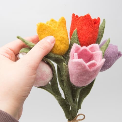 Glaciart One Felt Tulip Flowers Artificial Bouquet - 5 pcs|Reusable, Washable and Essential Oil Ready Multi Color Artificial Flowers w/Bendable Wire Stem |Great as Gift and Home or Event Decorations - Image 6