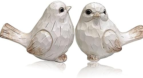 KiaoTime Farmhouse Bird Decor Resin Bird Figurines - Set of 2, Vintage & Modern Bird Decor Statue for Home Decor Accents, Cottage Bird Ornaments Decoration New White Carved Rustic Bird Figurine by KiaoTime