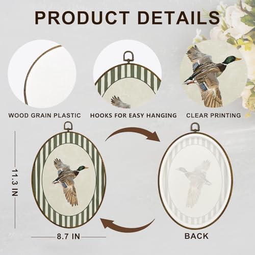 dvhdajed Vintage Mallard Duck Oval Wall Art Decor, Cabin Mallard Ducks Green Striped Framed Canvas Art, Duck Hunting Decorations, Rustic Animal Wall Hanging Decor for Toddler Room Bedroom, 8.7x11.3 - Image 7