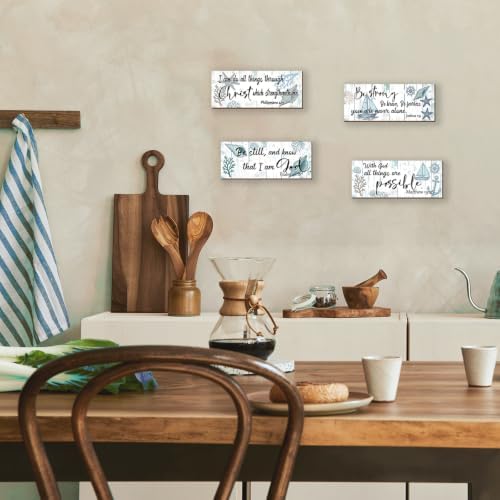 4 Pieces Coastal Wall Decor Ocean Beach Bathroom Decor With Bible Verses Wooden Christian Sign for Home Religious Prayer Wall Art for Living Room Office Bedroom Bathroom(Coastal,10x4") - Image 3