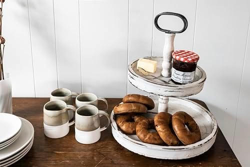 Creative Co-Op Distressed Cream Wood 2-Tier Tray with Metal Handle - Image 7