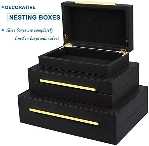 Black Shagreen Box Faux Leather Set Of 3 Pcs Storage Decorative Boxes,Modern Stacking Decorative Boxes with Lids For Home Decor Coffee Table Top Storage Jewelry Box Organizer - Image 4
