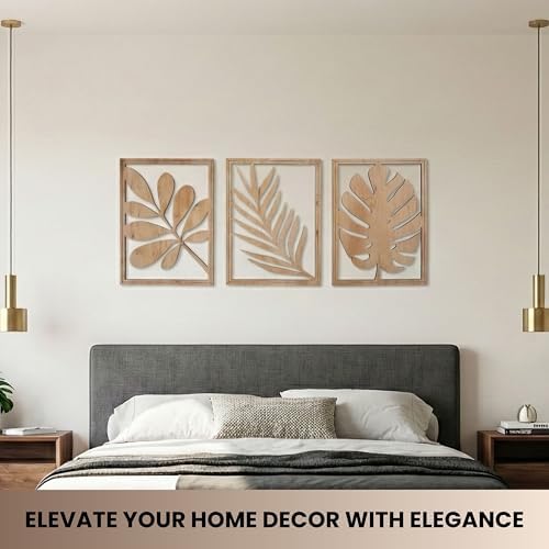 qmmp Modern Wooden Wall Sculptures - Set of 3 - Home Decor Accent - Large Wall Art for Living Room, Bedroom, Office - Easy Installation (Oak, Large - Tree Leaves) - Image 2