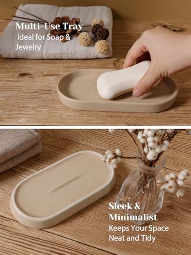 INGOFIN 3 Pcs Ceramic Bathroom Accessory Set - Liquid Soap Dispenser, Toothbrush Holder & Tray, Bathroom Counter Set, Countertop Essentials for Home, Guest Bathroom, or Office Use, Beige - Image 6