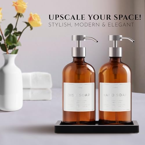 Glass Soap Dispenser Set of 2 (Amber) with Silicone Tray | Hand and Dish Soap Dispenser for Kitchen and Bathroom | 16.8 Oz Glass Bottles with Stainless Steel Pump & 15 Waterproof Labels (Amber/Silver) - Image 2