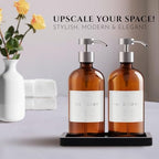 Glass Soap Dispenser Set of 2 (Amber) with Silicone Tray | Hand and Dish Soap Dispenser for Kitchen and Bathroom | 16.8 Oz Glass Bottles with Stainless Steel Pump & 15 Waterproof Labels (Amber/Silver) - Image 2