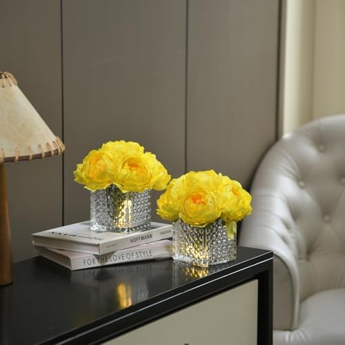 Artificial Peony Silk Flower Centerpieces with LED Light Faux Floral Arrangement in Glass Vase for Home Wedding Table Decoration (Yellow) - Image 5
