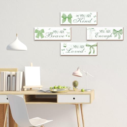4 Pcs Green Bow Wall Decor, Light Green Coquete Room Decor for Teen Girls, Inspirational Positive Affirmations Wall Wooden Hanging Sign Bathroom Art - Image 5