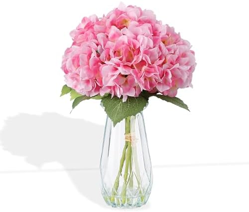 Garvee Artificial Pink Hydrangea Flowers Arrangement with Vase, 6 PCS Silk Hydrangea Bouquet Centerpiece with Faux Water, Realistic Fake Flowers for Table Centerpiece, Home, Office, Wedding Decor by Garvee