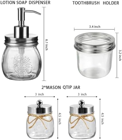 Amolliar Glass Mason Jar Bathroom Accessories Set 4 Pcs (Brushed Nickel) - Image 2