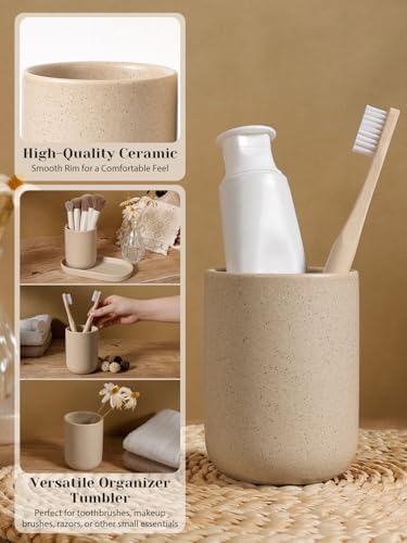 INGOFIN 3 Pcs Ceramic Bathroom Accessory Set - Liquid Soap Dispenser, Toothbrush Holder & Tray, Bathroom Counter Set, Countertop Essentials for Home, Guest Bathroom, or Office Use, Beige - Image 5