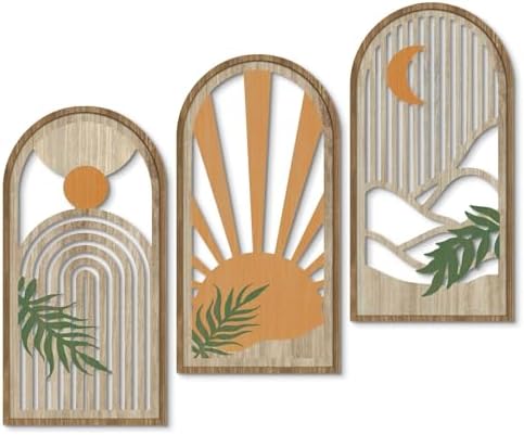 Putuo Decor Boho Plant Wall Art, Wood Modern Minimalist Wall Decor, Abstract Sun Inspired Room Decorations 16x8 In Mid Century Artwork for Living Room Bedroom Office in Sunrise Earthtone Set of 3 by PUTUODECOR