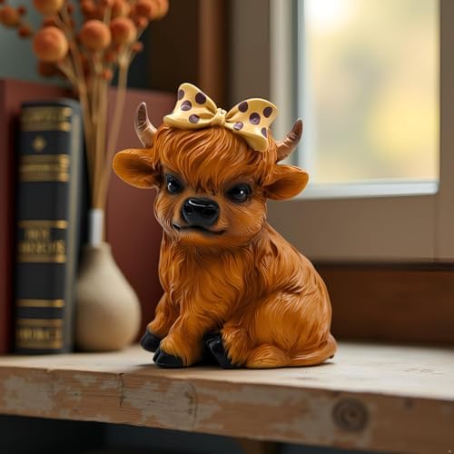 Highland Cow Figurine for Tie a Bow Decor, Highland Cows Themed Gifts for Women, Resin Figures Home Desk Decorations Accents (Brown) (1, Highland Cow Figurine(Brown)) - Image 4