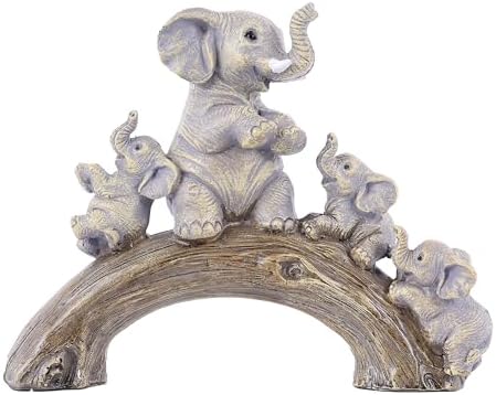 suruim Cute Elephant Statues - Good Luck Elephant and Her Three Children Playing on a Log Bridge for Living Room, Bedroom, Office Decor (Brown) by Suruim