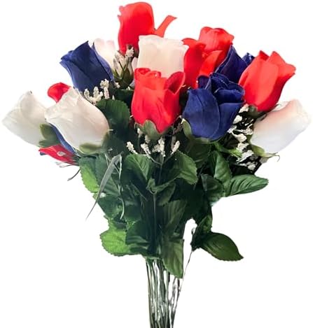 Admired By Nature 14 Stems Artificial Flower Rosebuds Patriotic Memorial Bouquet Cemetery Decorations for Grave, Spring Faux Flower Arrangement, Memorial Day, Veterans Independence Day, Red White Blue by AdmiredbyNature
