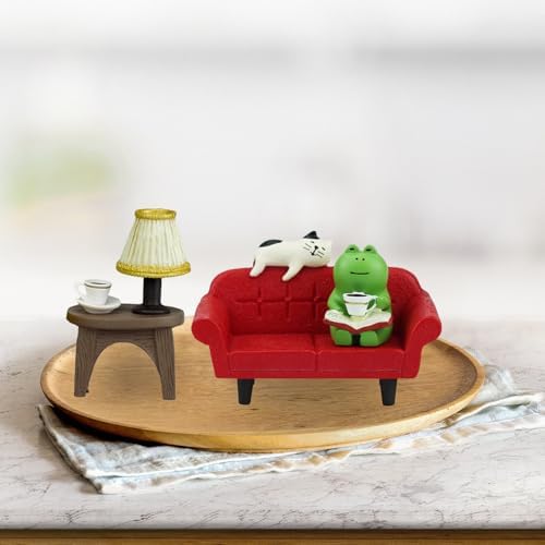 Mevodeata Cute Mini Frog Figurine with Small Sofa and Lamp Table Resin Frog Figure for Office Decor (Red Long Sofa) - Image 6