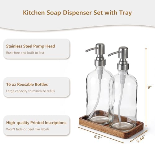 Clear Glass Soap Dispenser Set with Acacia Wood Tray, Refillable Hand Soap Pump Bottle for Kitchen, Bathroom Countertop, Modern Farmhouse Soap Dispenser Set - Image 4
