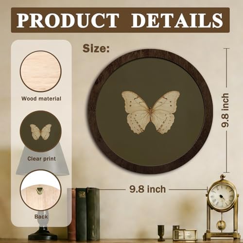CFFJLHN Green Butterfly Wall Art Decor, Bedroom Round Wooden Wall Art Vintage Butterfly Moth Framed Prints, Retro Cottagrcore Round Wall Hanging Decor for Bedroom Home Decorations, 10x10 Inch - Image 7