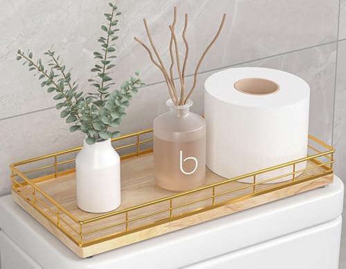 Toilet Paper Basket Organizer, Oak Wood Toilet Tank Tray with Metal Frame by Focusonit