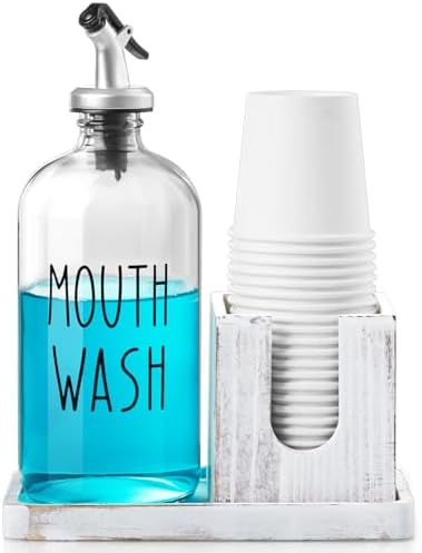 Glass Mouthwash Dispenser for Bathroom, 16 OZ Mouthwash Dispenser with Pour Spout and White Washed Wood Cup Holder and Tray, Mouth Wash Bottle Container, Rustic Kitchen Bathroom Decor and Accessories by Bivvclaz