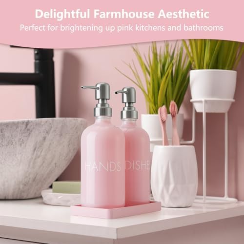Pink Glass Dish and Hand Soap Dispenser Set - Kitchen Soap Dispenser with Tray and Stainless Steel Pump - for Modern Pink Kitchen Decor and Accessories - Image 7