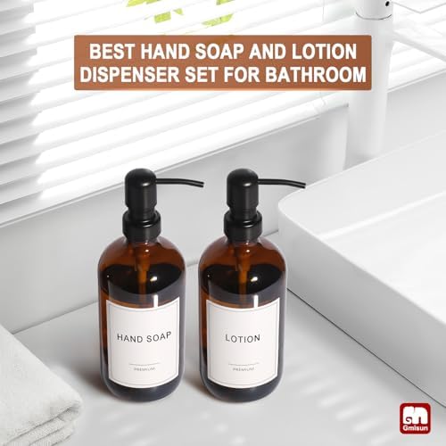 GMISUN Amber Glass Soap Dispenser, 6 Pack Bathroom Hand Soap Dispensers with Stainless Steel Pump, 17 Fl Oz Kitchen Hand and Dish Soap Dispenser Set, Modern Vintage Liquid Brown Soap Dispensers Bottle - Image 6