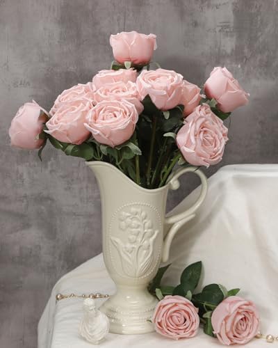 Coferset 10 Pcs Fake Silk Roses with Long Stems,Blush - Image 2