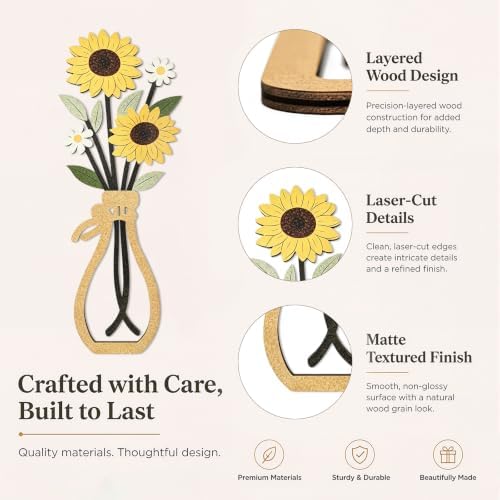 puthiac Wooden Floral Vase Wall Art Decor Set of 3, Mixed Floral Collection - Image 3