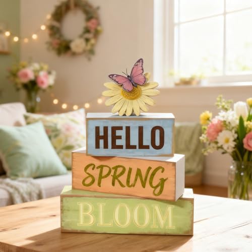Spring Decoration Wooden Tiered Tray Decor – Rustic Hello Spring Bloom Stacked Block Sign with Butterfly Daisy Topper – Farmhouse Tabletop Spring Decor for Living Room Shelf Kitchen Coffee Bar Seasonal Home Display - Image 3