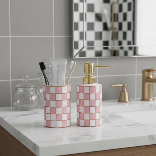 Bathroom Toothbrush Holder Set, Ceramic Checkered Soap Dispenser and Tooth Brush Holder Set, Modern Bathroom Accessories Sets Countertop, Black and White Checkered Bathroom Decor Set (Pink) - Image 3