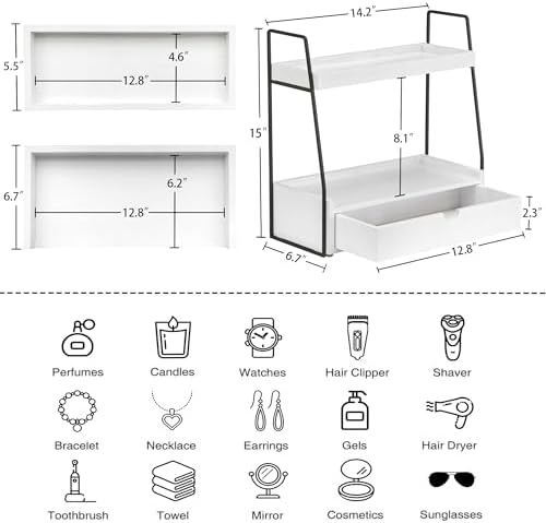 2-Tier Bathroom Countertop Organizer with Drawer, Wood Vanity Shelf White - Image 3