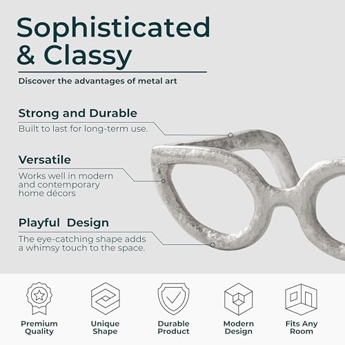 Modern Decorative Glasses Sculpture Figurine for Office Shelf Decor - Home and Bathroom Accent for Desk Display - Living Room Ornament Statue for Coffee Table Styling in Spaces - 3", Silver & Metallic - Image 6