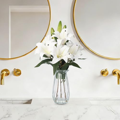 Garvee Faux Lily Flowers with Vase, 6 Heads Full Bloom Lily & 3 Buds, Long Stem Artificial Stargazer Lilies, Faux Tiger Bouquets in Glass Vase for Home Hotel Flower Arrangement Party Decor, White - Image 5