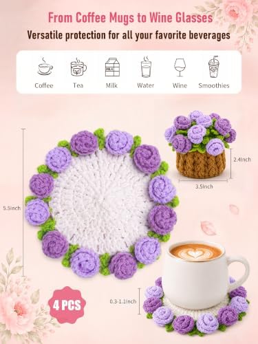 Crochet Flower Bouquet Coasters, Cotton Rose Gifts for Home Decor 4Pcs - Image 2