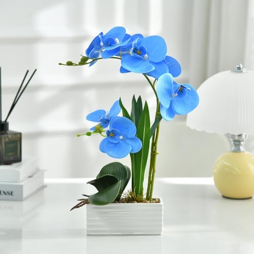Artificial Real Touch Orchid Flowers with White Ceramic Vase, Blue - Image 4
