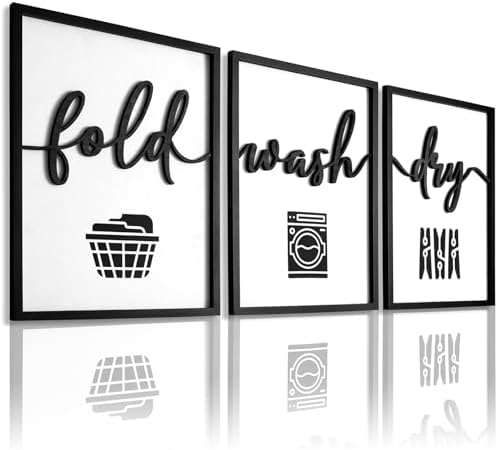 3D Wood Laundry Room Wall Decor, 36" x 16" Framed Laundry Room Wall Art, 3D Laundry Signs for Room Decor (Ready to Hang, Set of 3, Framed) by KIOSSUT