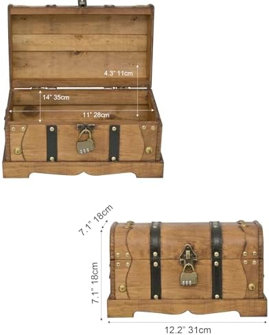 Vintage Wooden Treasure Chest Decorative Box with Lock - 12", Brown - Image 2